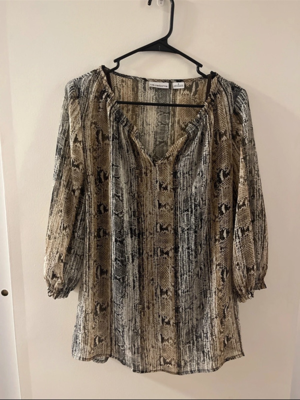 Long-Sleeve Snake Print Blouse in Tan and Black
